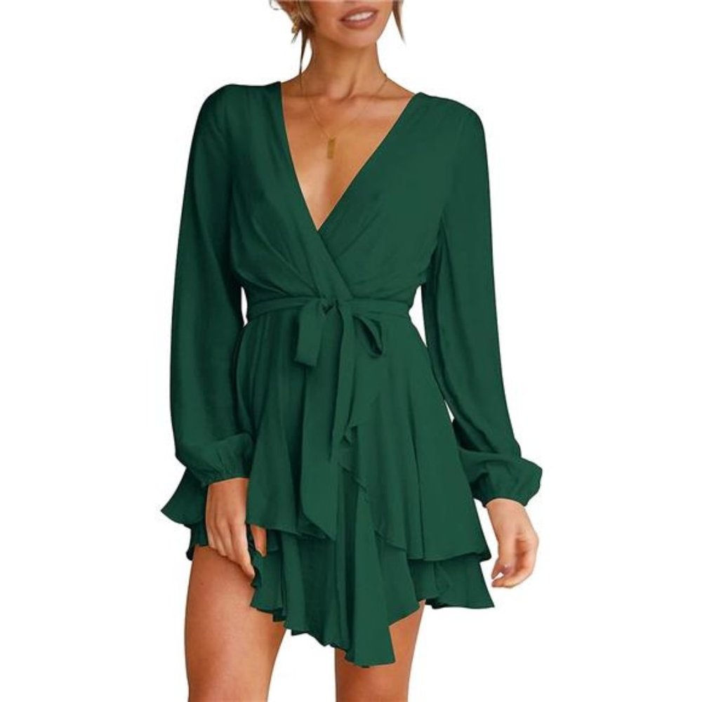 Dark Green Mini Swing Skater Dress with a Deep V-Neck, Long Sleeves